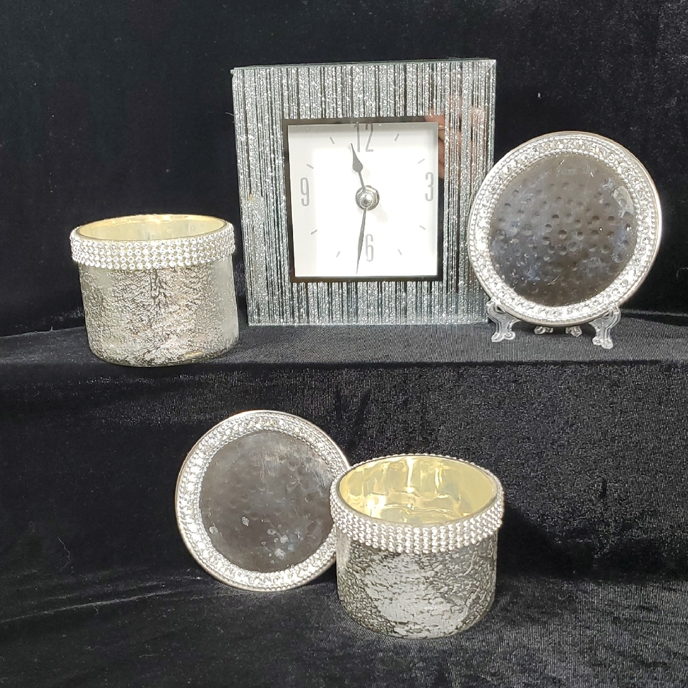 Glitter Mirror Clock 2 Mercury Glass Jeweled Candle Holders 2 Plates Set of 5